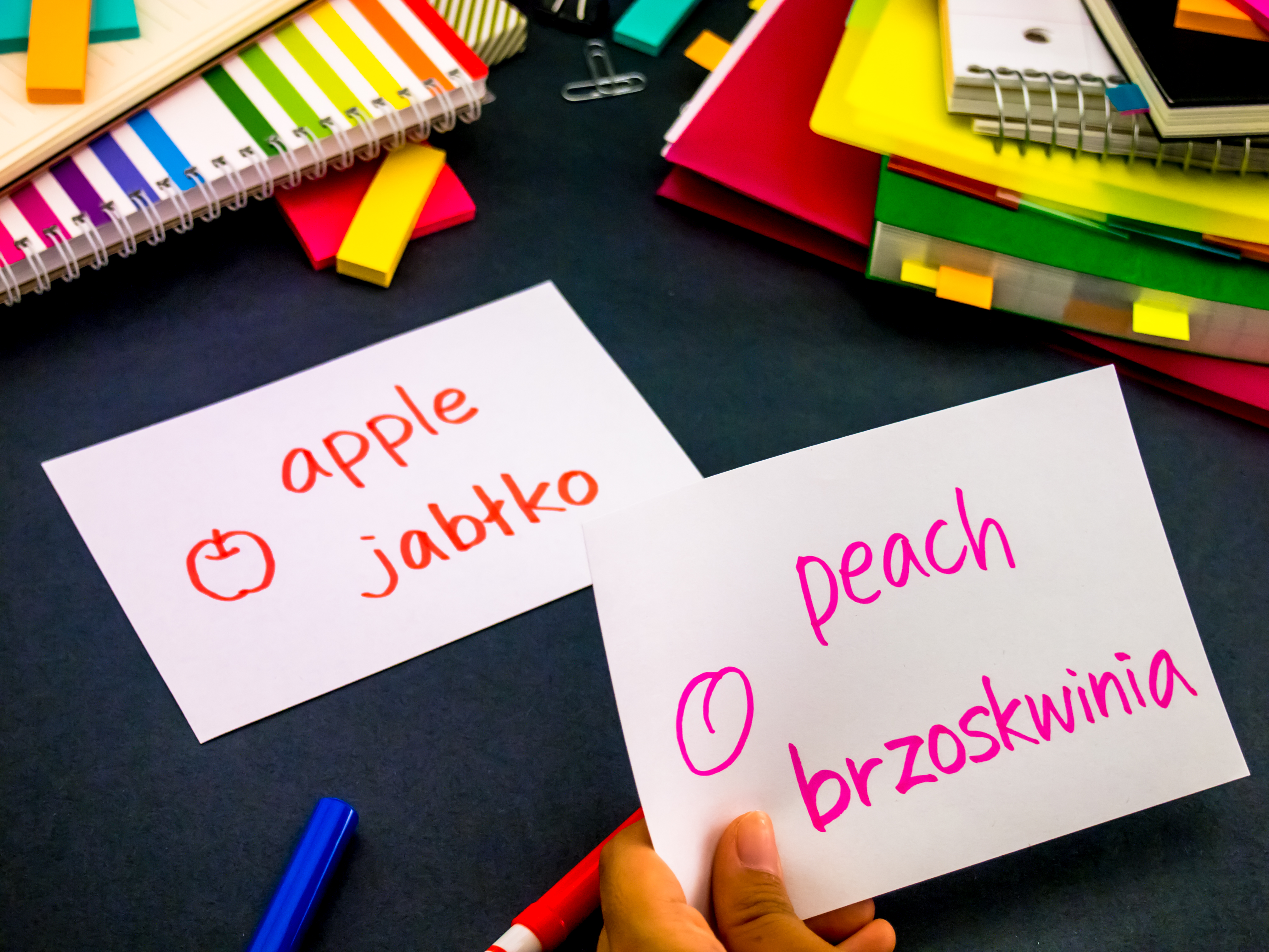 Handwritten English and Polish vocabulary flashcards on a study desk